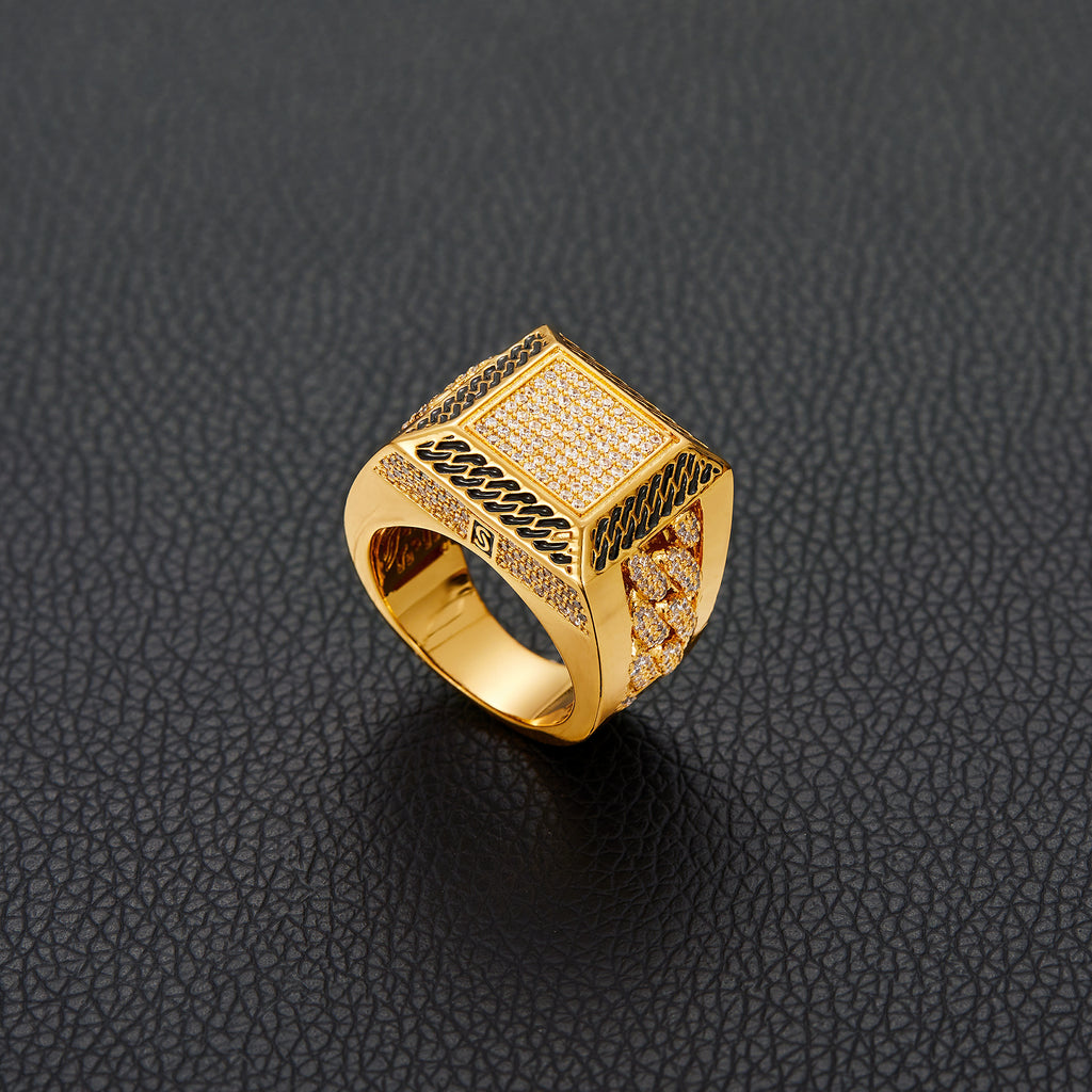 14K Gold Plated Cuban Link Ring Iced Out Gold Statement Ring CZ Simulated Diamond Stackable Ring Unique Hip Hop Square Eternity Bands for Women and Men