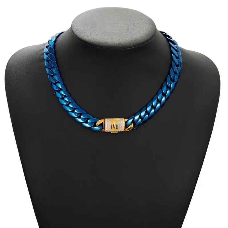 Blue & Gold Miami Cuban Link NecklacePersonalized Fashionable Jewelry| 14mm with Gold Charactor A-Z Diamond Clasp Letter| Industrial Men's Jewelry for Goth/Punk/Hip Hop,bracelet italy mexico graduation ceremony party timeless shine anniversary