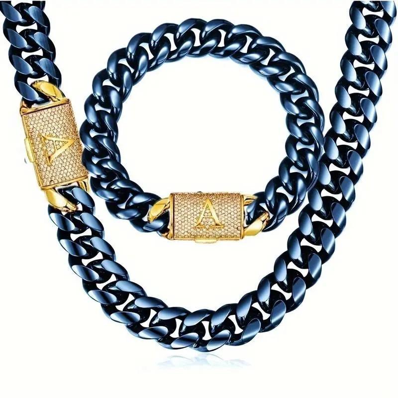 Blue & Gold Miami Cuban Link NecklacePersonalized Fashionable Jewelry| 14mm with Gold Charactor A-Z Diamond Clasp Letter| Industrial Men's Jewelry for Goth/Punk/Hip Hop,bracelet italy mexico graduation ceremony party timeless shine anniversary