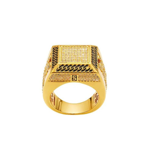14K Gold Plated Cuban Link Ring Iced Out Gold Statement Ring CZ Simulated Diamond Stackable Ring Unique Hip Hop Square Eternity Bands for Women and Men