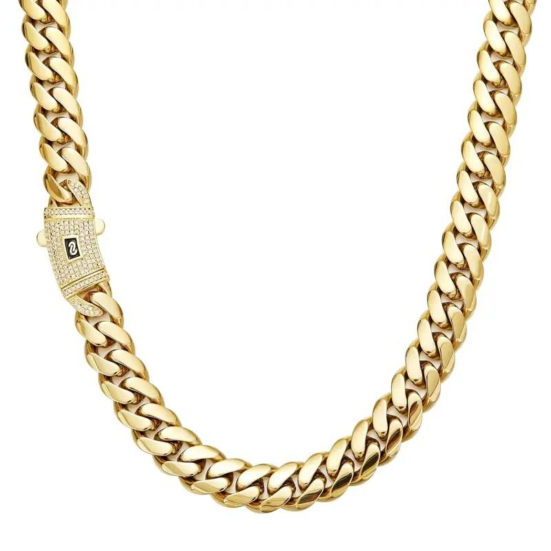 14k Gold Plated Cuban Link Chain exquisite Necklace Golden Stainless Steel Iced Out Clasp Hip Hop Jewelry for Men/ Women 6/8/10/12/14mm stack personalize fathersdaygifts pendant necklace cross vintage christmas gift friday black tarnish gold-plated