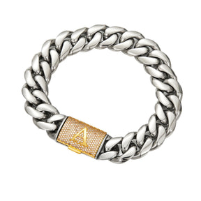 Custom A–Z two-tone Cuban chain set: 14 mm silver chain with gold letter clasp • Oxidation-resistant, shower-safe stainless steel • Personalized hip-hop style graduation ceremony party jewelry timeless shine anniversary valentine birthday gift