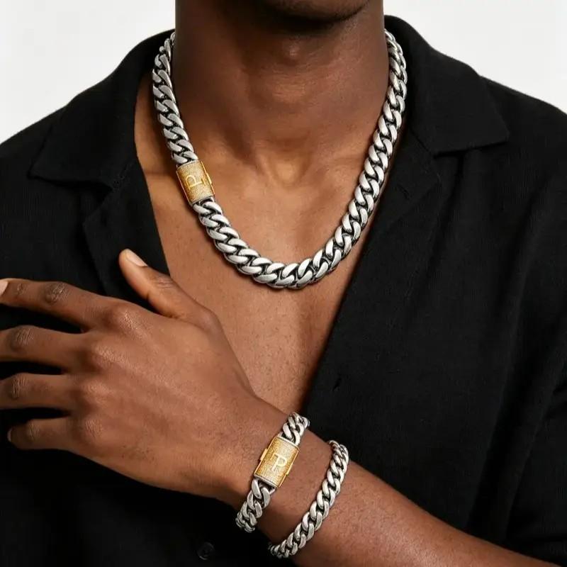 Custom A–Z two-tone Cuban chain set: 14 mm silver chain with gold letter clasp • Oxidation-resistant, shower-safe stainless steel • Personalized hip-hop style graduation ceremony party jewelry timeless shine anniversary valentine birthday gift