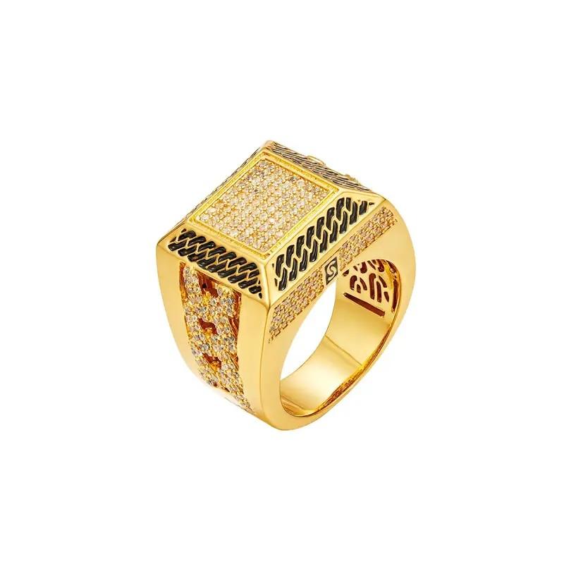 14K Gold Plated Cuban Link Ring Iced Out Gold Statement Ring CZ Simulated Diamond Stackable Ring Unique Hip Hop Square Eternity Bands for Women and Men