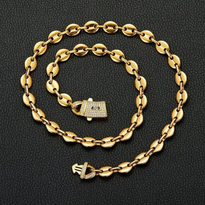 Premium S Mark Curved CZ Clasp Coffee Bean Link Necklace | Gold Plated | Multiple Sizes | Unisex Trendy Jewelry