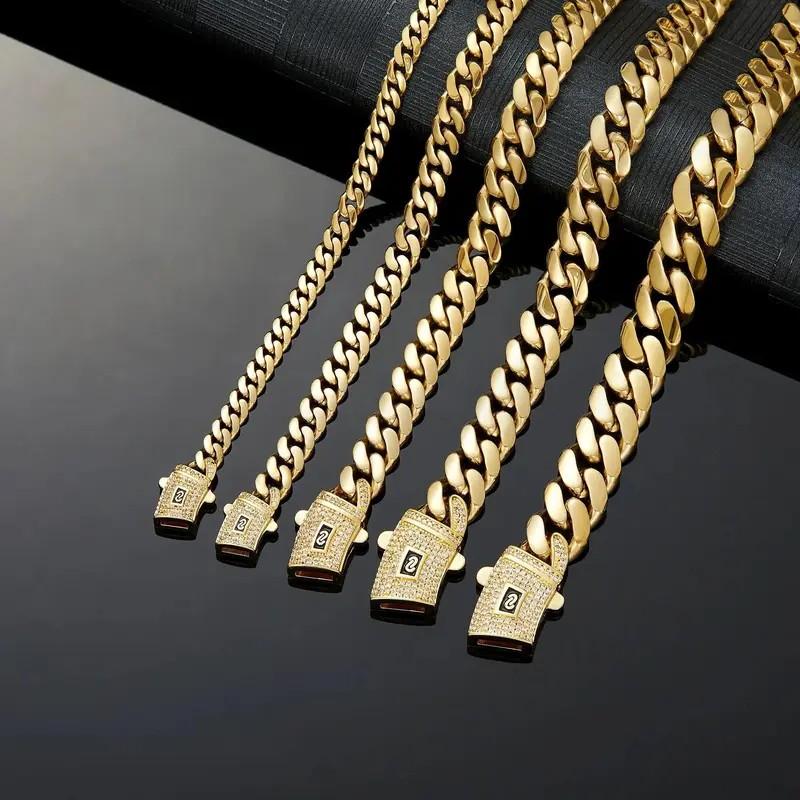 14k Gold Plated Cuban Link Chain exquisite Necklace Golden Stainless Steel Iced Out Clasp Hip Hop Jewelry for Men/ Women 6/8/10/12/14mm stack personalize fathersdaygifts pendant necklace cross vintage christmas gift friday black tarnish gold-plated