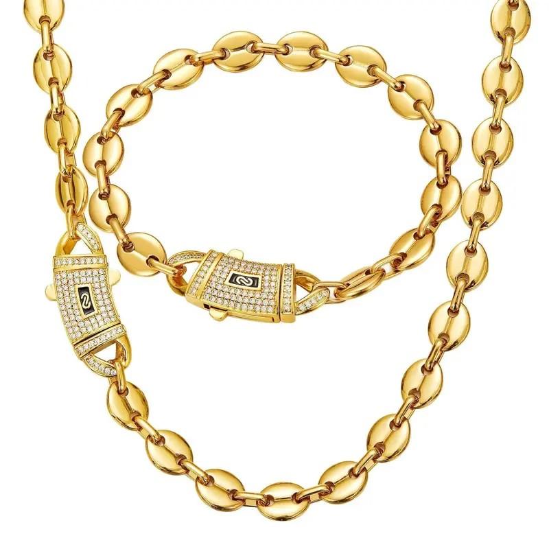 Premium S Mark Curved CZ Clasp Coffee Bean Link Necklace | Gold Plated | Multiple Sizes | Unisex Trendy Jewelry