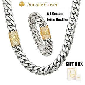 Custom A–Z two-tone Cuban chain set: 14 mm silver chain with gold letter clasp • Oxidation-resistant, shower-safe stainless steel • Personalized hip-hop style graduation ceremony party jewelry timeless shine anniversary valentine birthday gift