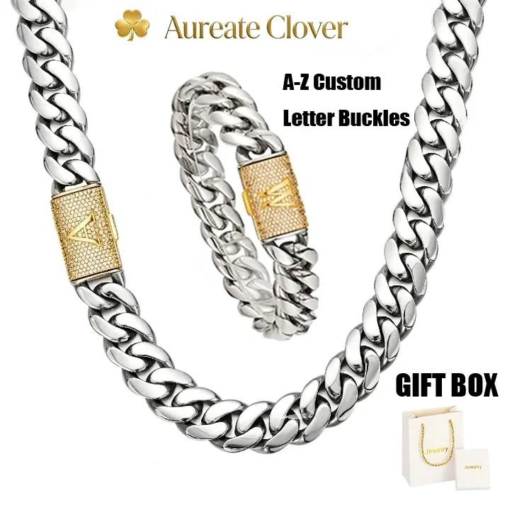 Custom A–Z two-tone Cuban chain set: 14 mm silver chain with gold letter clasp • Oxidation-resistant, shower-safe stainless steel • Personalized hip-hop style graduation ceremony party jewelry timeless shine anniversary valentine birthday gift