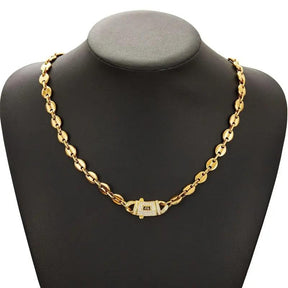 Premium S Mark Curved CZ Clasp Coffee Bean Link Necklace | Gold Plated | Multiple Sizes | Unisex Trendy Jewelry