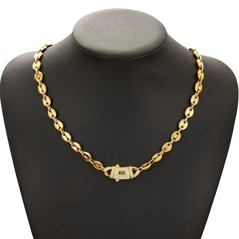 Premium S Mark Curved CZ Clasp Coffee Bean Link Necklace | Gold Plated | Multiple Sizes | Unisex Trendy Jewelry