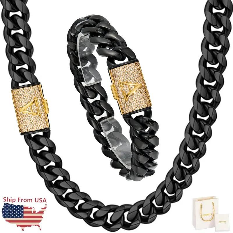 14MM Letter A-Z Name Necklace Bracelet Set Miami Cuban Link Chain For Men Stainless Steel Hip Hop Jewelry Daily Decoration For Gift
