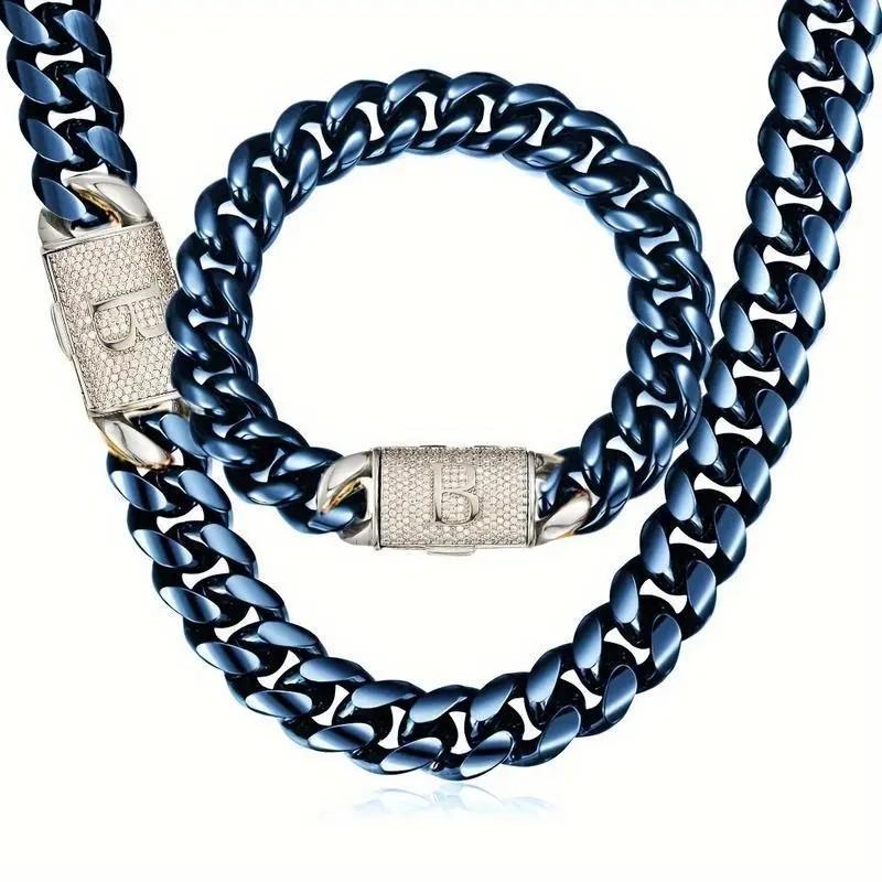 Mens WhiteGold Diamond Initial Letter Cuban Link 14MM Necklace 18K Gold Plated Blue Stainless Steel Miami Thick Gold Buckle Necklace Hip Hop Jewelry 16-30 Inches Chians