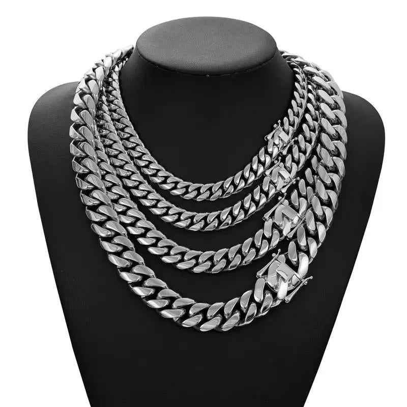 20/22MM Silver Stainless Steel Thin Cuban Chain Butterfly Clasp Bracelet Accessory Miami Link Hip Hop Jewelry For Men Exaggeration Thick And Heavy Necklace Fashion